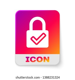 White Open padlock and check mark icon isolated on white background. Cyber security concept. Digital data protection. Safety safety. Rectangle color button. Vector Illustration
