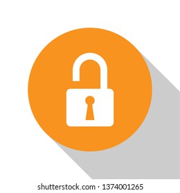 White Open padlock icon isolated on white background. Opened lock sign. Cyber security concept. Digital data protection. Safety safety. Orange circle button. Vector Illustration
