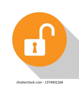 White Open padlock icon isolated on white background. Opened lock sign. Cyber security concept. Digital data protection. Safety safety. Orange circle button. Vector Illustration