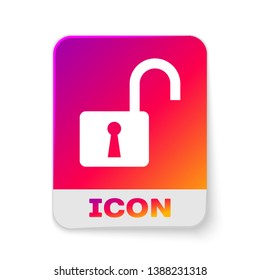 White Open padlock icon isolated on white background. Opened lock sign. Cyber security concept. Digital data protection. Safety safety. Rectangle color button. Vector Illustration