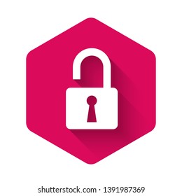 White Open padlock icon isolated with long shadow. Opened lock sign. Cyber security concept. Digital data protection. Safety safety. Pink hexagon button. Vector Illustration