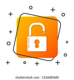 White Open padlock icon isolated on white background. Opened lock sign. Cyber security concept. Digital data protection. Safety safety. Orange square button. Vector Illustration