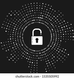 White Open padlock icon isolated on grey background. Opened lock sign. Cyber security concept. Digital data protection. Safety safety. Abstract circle random dots. Vector Illustration