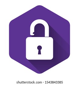 White Open padlock icon isolated with long shadow. Opened lock sign. Cyber security concept. Digital data protection. Safety safety. Purple hexagon button. Vector Illustration