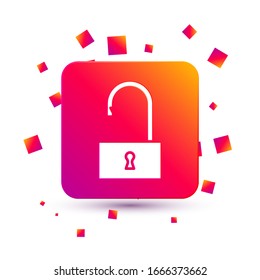 Icono de candado abierto blanco aislado en fondo blanco. Signo de bloqueo abierto. Concepto de ciberseguridad. Protección digital de datos. Botón Color cuadrado. Ilustración vectorial