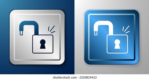 Icono de candado abierto blanco aislado en fondo azul y gris. Signo de bloqueo abierto. Concepto de ciberseguridad. Protección digital de datos. Botón cuadrado plateado y azul. Vector