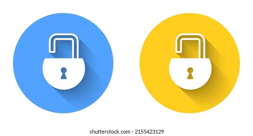 White Open padlock icon isolated with long shadow background. Opened lock sign. Cyber security concept. Digital data protection. Circle button. Vector