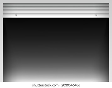White open roller shutter gate and darkness behind. Realistic roller shutter door. Metal industrial shutter door.