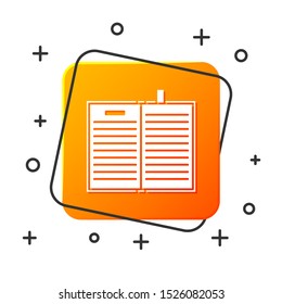 White Open science book icon isolated on white background. Orange square button. Vector Illustration