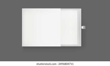 White open slide box mock up. Small square empty drawer paper gift package top view. Realistic sleeve wrapper with ribbon mockup. Product presentation render for clear elegant matchstick.