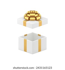 White open wrapped gift box with golden luxury bow ribbon present pack 3d icon realistic vector
