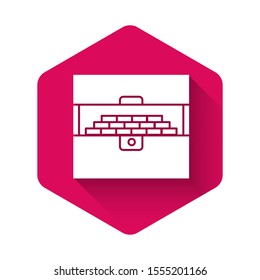 White Opened antique treasure chest icon isolated with long shadow. Vintage wooden chest with golden coin. Pink hexagon button. Vector Illustration