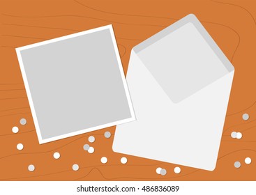 White Opened Blank Envelope letter with greeting card. Realistic mockup template. Confetti on wood table wooden texture desk background. Flat design. Vector illustration