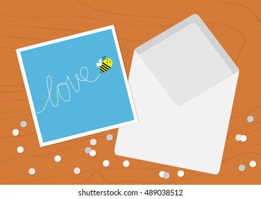 White Opened Blank Envelope letter and greeting card with flying bee insect, dash line word Love. Confetti on wood table wooden texture desk background. Flat design. Vector illustration