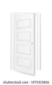 White opened door with frame and handle. Doorway in modern office or home vector illustration. Room or apartment entrance mockup. Realistic interior design element background.
