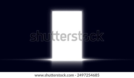 White opened door, glowing entrance, illuminated heaven gate concept, bright mystery doorway. Vector illustration.