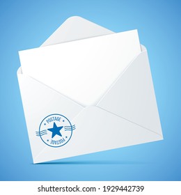 White opened envelope with postal service stamp, and a blank letter inside with copy space. Mail envelope vector mockup standing on a blue background.