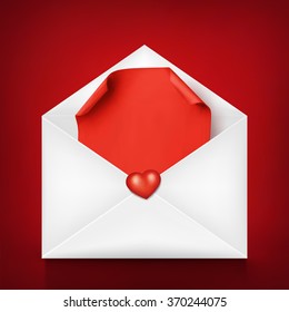 White opened envelope with red valentine card blank inside. Vector illustration