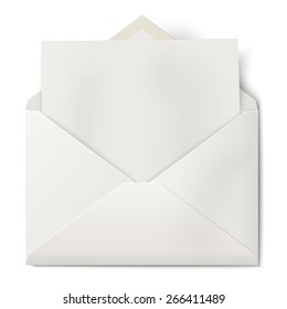 White opened envelope with sheet of paper inside isolated on white background