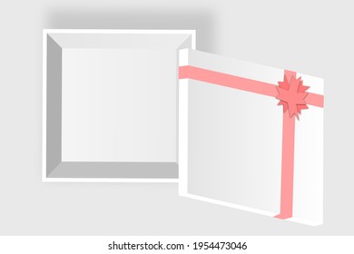 White opened gift box with pink ribbon, top view mockup.