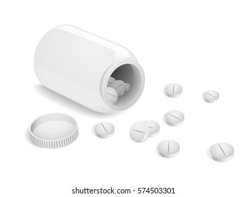 Frasco de medicina blanca abierta con comprimidos dispersos. Ilustración vectorial.