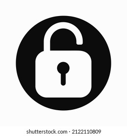 White opened padlock in black circle icon design on isolated white background. Vector clipart illustration. Unlock sign for website or app