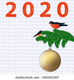 White openwork background - bullfinches, spruce branch, glass golden ball - vector. Congratulation 2020. Happy New Year. Merry Christmas.