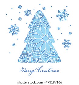 White openwork Christmas tree and snowflakes cut out of paper. Greeting Card vector template.