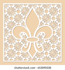 White openwork frame with feur de lis inside. Laser cutting template for greeting cards, envelopes, wedding invitations, menus, interior decorative elements.