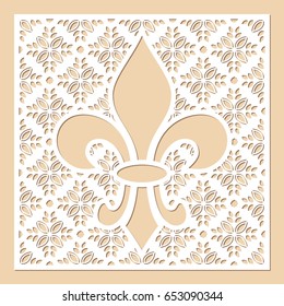 White openwork frame with feur de lis inside. Laser cutting template for greeting cards, envelopes, wedding invitations, menus, interior decorative elements.