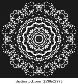 White openwork mandala on a black background. Snowflake in fantasy style. Version 4. Vector illustration