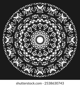 Mandala de abertura branca sobre um fundo preto. Floco de neve em estilo de fantasia. Versão 2. Ilustração vetorial