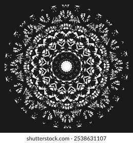 Mandala de abertura branca sobre um fundo preto. Floco de neve em estilo de fantasia. Versão 3. Ilustração vetorial