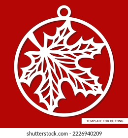 White openwork maple leaf in circle on red background. Christmas ball, halloween hanging decoration, key chain, pendant. Template for plotter laser cutting of paper, metal engraving, wood carving, cnc