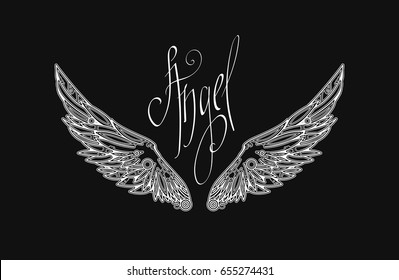 White openwork wings on black background. Technical modern style. It can be used for printing on t-shirts and idea for tattoo or using for logo.