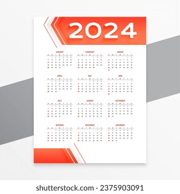 white and orange 2024 new year english calendar layout design vector 