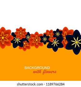 White and orange background with floral frame. Vector illustration of 3D gradient flowers. Decorations in red and dark blue plants.