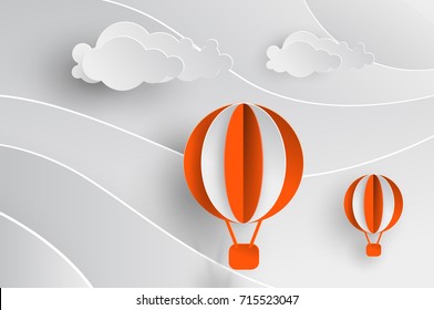 White And Orange Balloon Flying on The Cloud and sky in Paper cut style