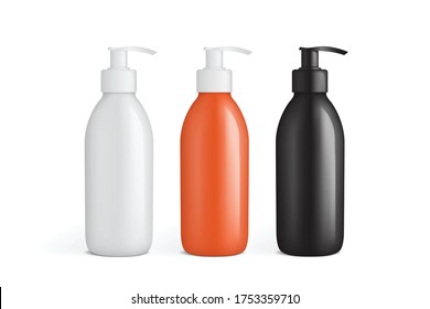 botellas de plástico blancas, naranjas y negras con plantilla de maqueta vectorial de bomba 