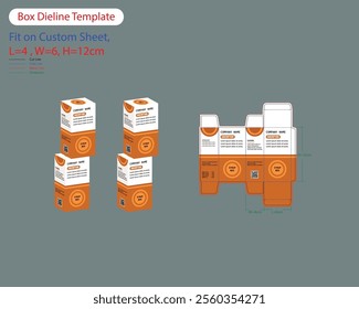 White Orange Box Packaging Design 4x6x12 inch Dieline Template. Design Editable Vectoe File