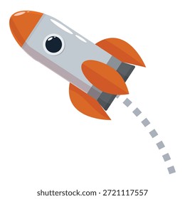 White and orange cartoon rocket ship flying and leaving a smoke trail, launching into space