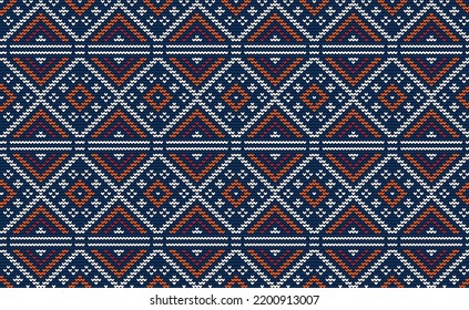 Patrón de bordado blanco y naranja, fondo diagonal de punto, textura de repetición azteca vectorial, ilustración de crochet de tejido