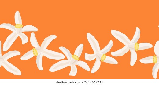 Flores de naranja blanco sobre fondo de naranja brillante. Borde sin costuras. Ilustración vectorial para textil, impresión, decoración.