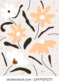 White and orange flowers pattern on white background. illustrations, vector aesthetic for wallpaper, wall decor, templates covers, art prints