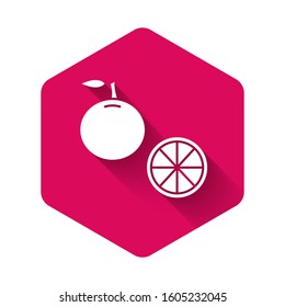White Orange fruit icon isolated with long shadow. Pink hexagon button. Vector Illustration