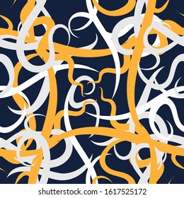 white, orange, gray wavy stripes randomly intertwined on a dark blue background. abstract seamless pattern. vector