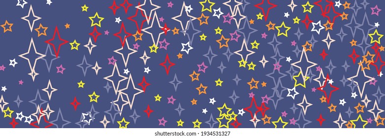 White Orange New Year Chaotic Bright Vibrant Holiday Background. Red Colorful Yellow Stars Purple Horizontal Multicolor Stars Ornament. Beige Violet Pink Print Christmas Vivid Sky Background.