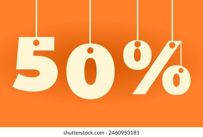 Weiße Orangennummer 50% - hängt an den Seilen auf orangefarbenem Hintergrund. 