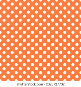 Weiße und orangefarbene Polka Dot nahtloses Muster. Tischdecken, Kleidung, Hemden, Kleider, Papier, Bettwäsche, Decken, Bettdecken und andere Textilerzeugnisse. Vektorhintergrund.