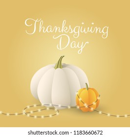 White and orange pumpkins with 
garland. Thanksgiving day. - Vector
